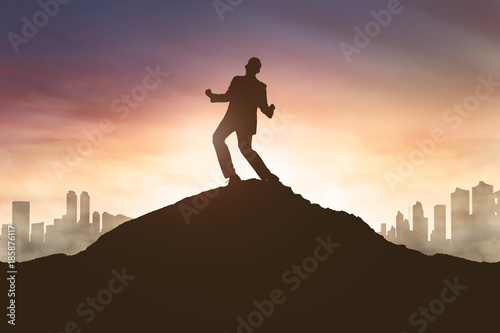 Silhouette of excited businessman standing on mountain top