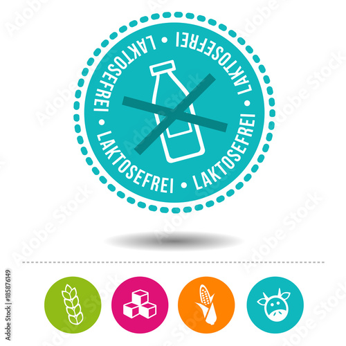 Laktosefrei Siegel und Ernährung Icons.