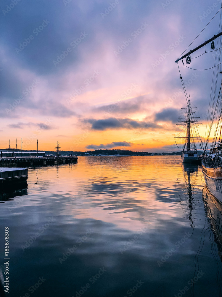 Sunset on Oslo harbor