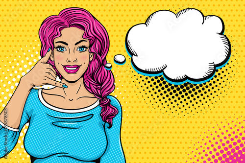 Pop art female face. Sexy young woman with pink long hair and open smile holding her hand like phone handset and empty speech bubble on halftone. Vector colorful illustration in retro comic style.