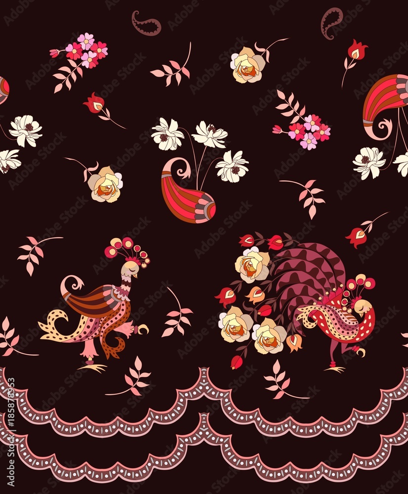 Unique endless border with birds in vintage style, paisley and flowers isolated on dark brown background. Vector illustration. Print for fabric.