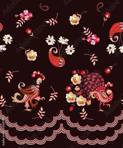 Unique endless border with birds in vintage style, paisley and flowers isolated on dark brown background. Vector illustration. Print for fabric.