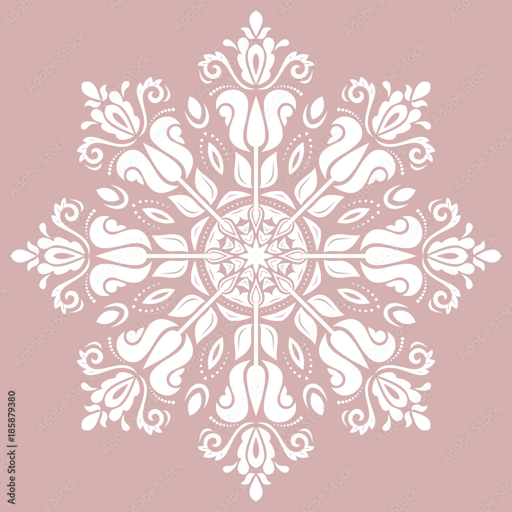 Oriental vector round white pattern with arabesques and floral elements. Traditional classic ornament. Vintage pattern with arabesques Oriental vector round white pattern with arabesques and floral elements. Traditional classic ornament. Vintage pattern with arabesques