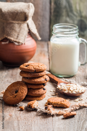 Chocolate chip cookies with milk