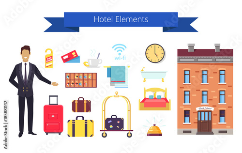 Hotel Elements Icons and Title Vector Illustration