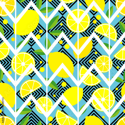 Seamless background with Lemon. Cute cartoon. Vector illustration. Textile rapport.