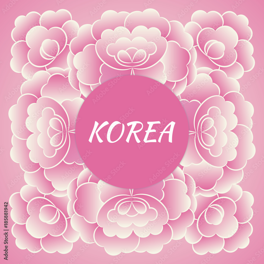 South Korea travel banner vector. Pink floral design with traditional peony flower pattern frame