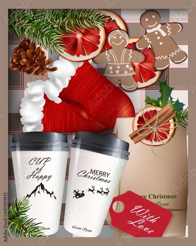 Hot drinks and Christmas decor Vector realistic 3d detailed illustrations