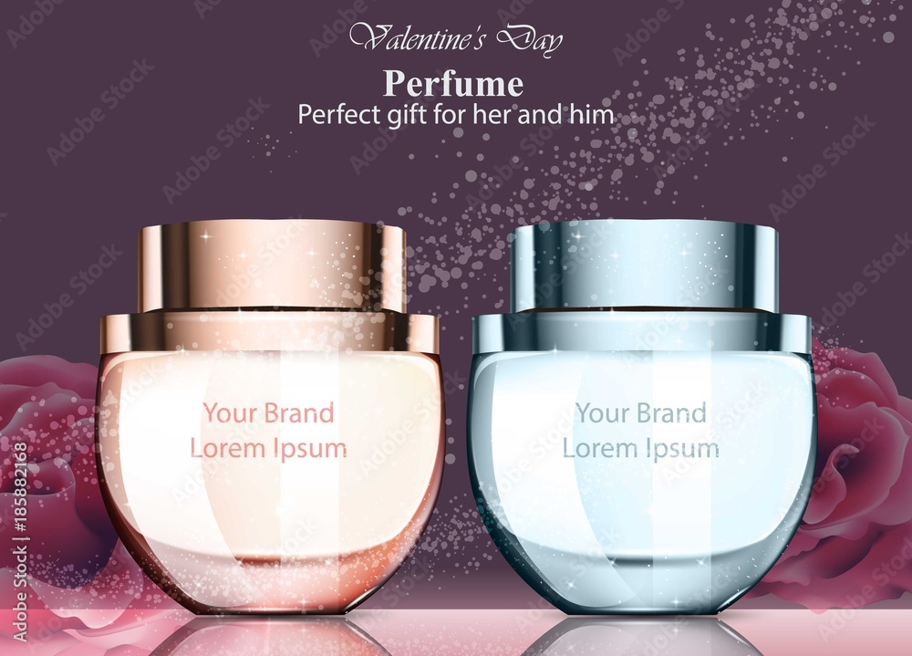 Women and men perfume bottle fragrance. Realistic Vector Product packaging designs mock ups