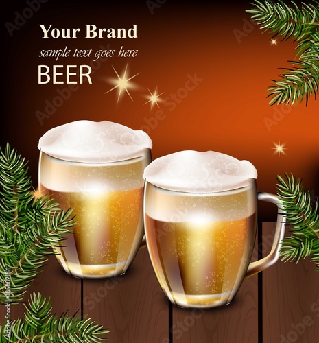 Beer mugs Vector realistic design. Winter decor card background illustration