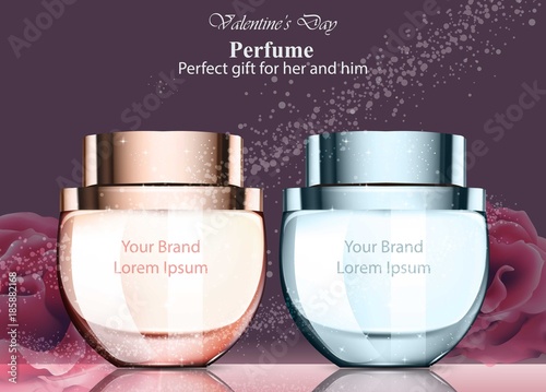 Women and men perfume bottle fragrance. Realistic Vector Product packaging de...