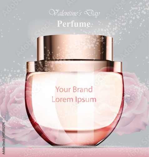 Woman perfume bottle delicate rose fragrance. Realistic Vector Product packag...