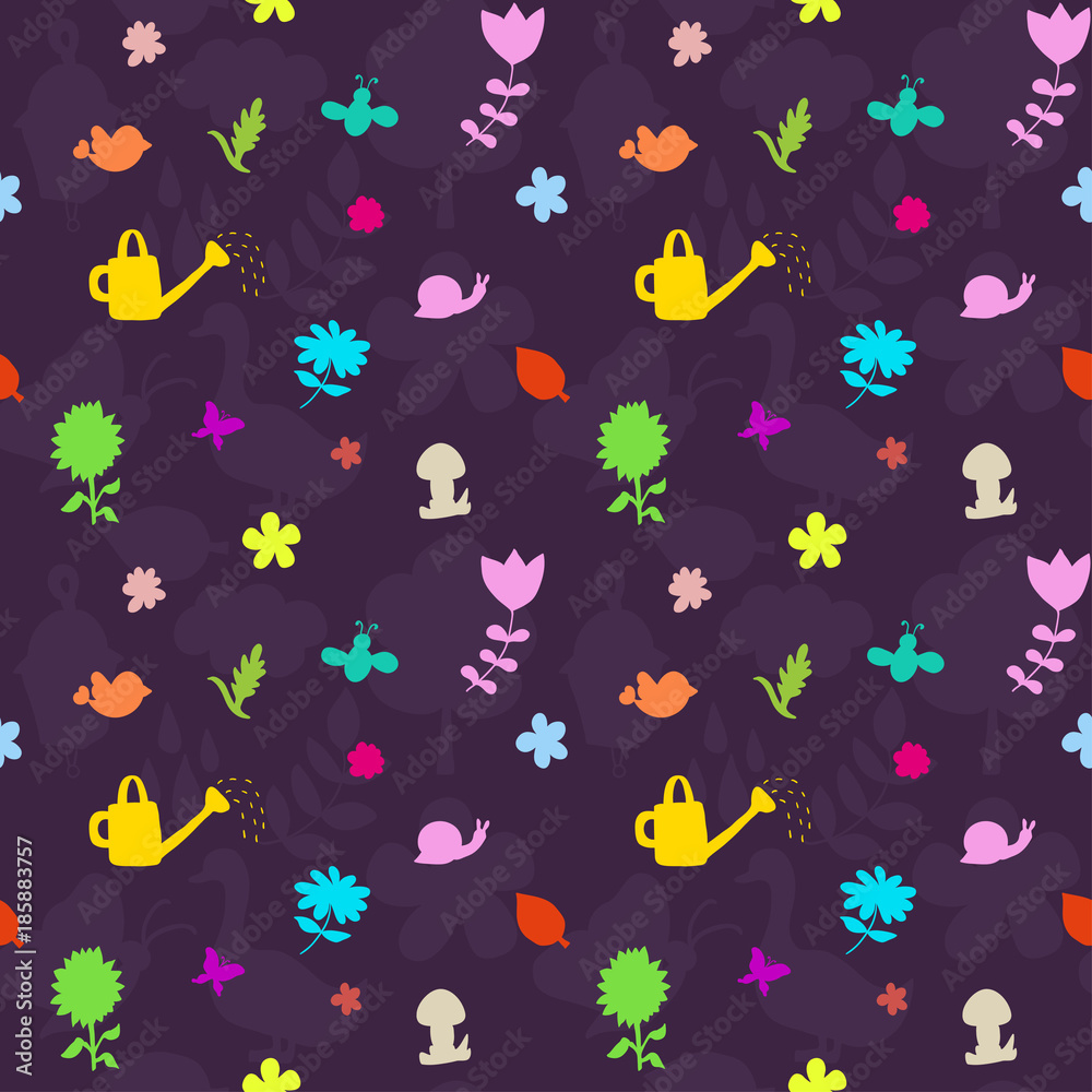 Vector seamless pattern with gardening tools and flowers.