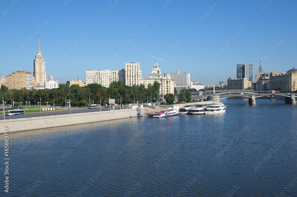 Moscow, Russia - 12 September 2017: View of the Borodinskiy bridge and Berezhkovskaya embankment