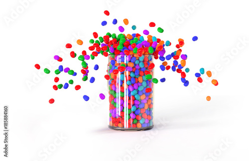 Candies explode out of the jar, white background, 3D rendering.