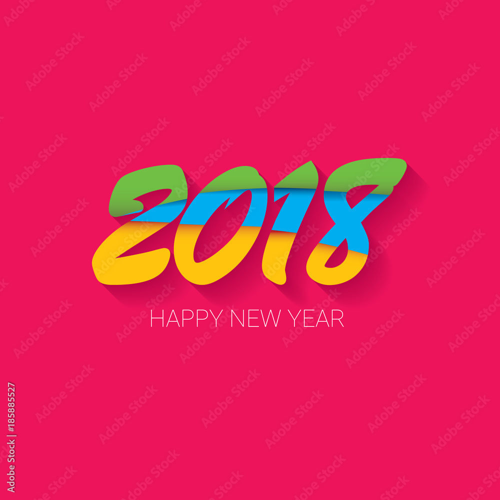 2018 Happy new year creative design numbers and greeting text isolated on pink background.