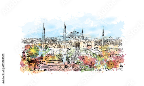 Watercolor splash with hand drawn sketch of Aya Sophia Istanbul, Turkey in vector.