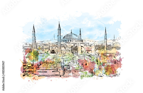 Watercolor splash with hand drawn sketch of Aya Sophia Istanbul, Turkey in vector.
