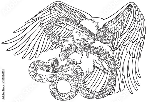 the battle of the eagle and the serpent snake. Outline tattoo style vector illustration 