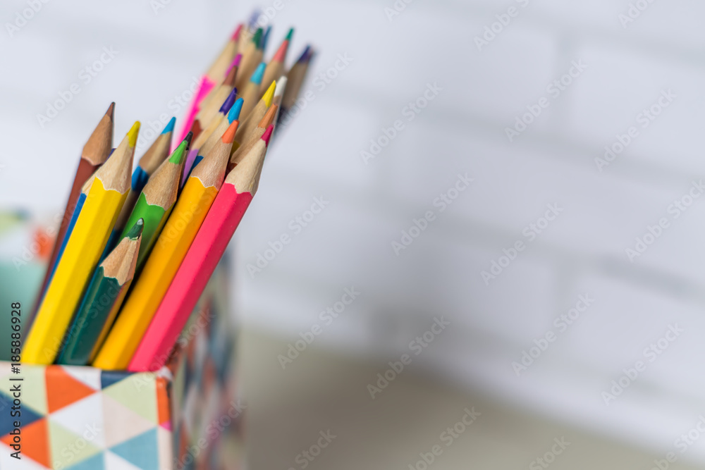closeup of colorful pencils in pencil case