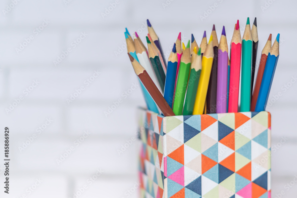 Fototapeta premium closeup of colorful pencils in pencil case