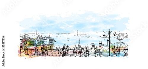 Watercolor splash with hand drawn sketch of Suleymaniye Mosque Istanbul, Turkey in vector.