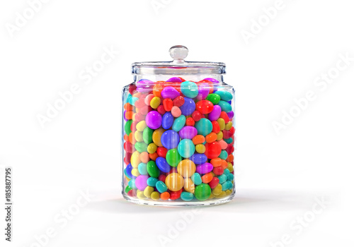Candies Jar of multicolored on white background, 3D rendering.