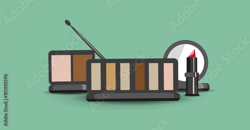 Vector flat cosmetics set. Beauty fashion products. Decorative cosmetic. Eye shadow, lipstick, powder, eye pencil, brush. Elegant minimalistic style bright colors