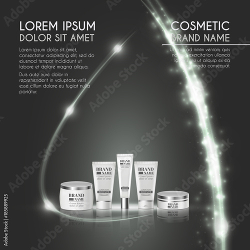 3D realistic cosmetic bottle ads template. Cosmetic brand advertising concept design with glowing sparkles and glitters abstract background