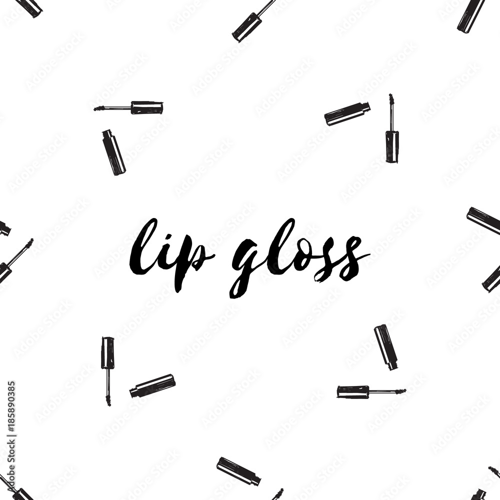 Fototapeta premium Fashion makeup. Seamless pattern lip gloss and lipstick on white background. Hand drawing. Vector illustration in a cartoon style.