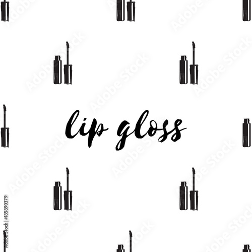 Fashion makeup. Seamless pattern lip gloss and lipstick on white background. Hand drawing. Vector illustration in a cartoon style.