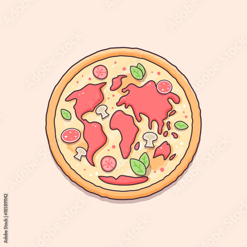 Pizza with world map shaped stuffing vector illustration