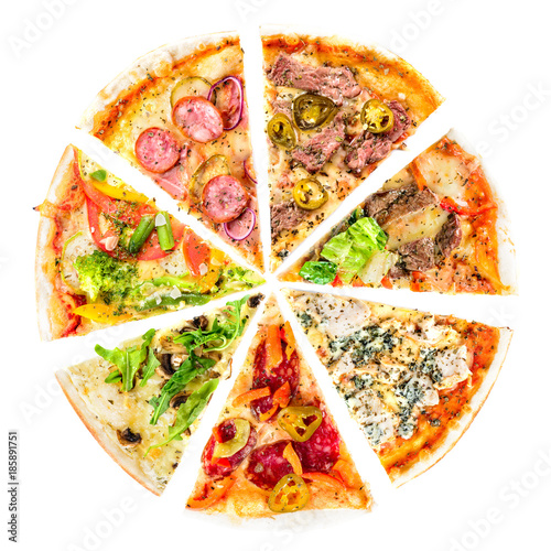 set of Different slices of pizza isolated on white. Delicious fresh Italian pizza top view