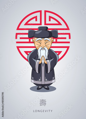 Cartoon hand drawn Asian gray-haired wise old man in national clothes with ornament and hat on background of symbol longevity. Chinese man stands with folded arms in gesture. Сoncept Chinese New Year