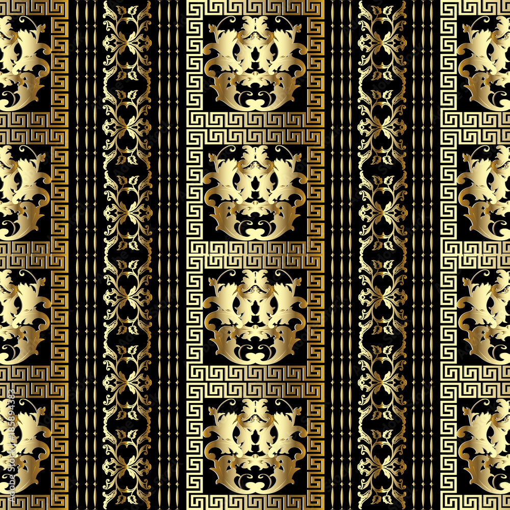 Striped gold Baroque seamless pattern. Floral black background with ...