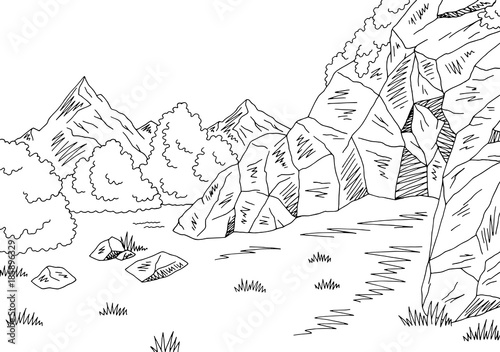 Cave graphic black white mountain landscape sketch illustration vector