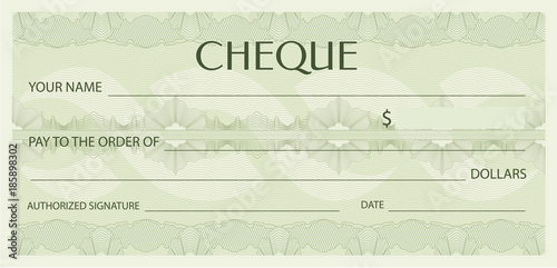 Check (cheque), Chequebook template. Guilloche pattern with watermark, spirograph. Background for banknote, money design, currency, bank note, Voucher, Gift certificate, Coupon, ticket