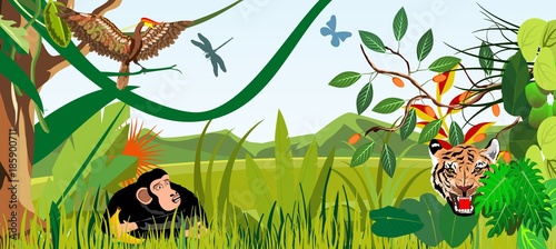 Tiger and monkey in the jungle foliage landscape.