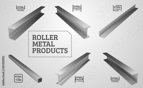Metal rolling. Steel products. I-beam, steel corner and channel. Realistic vector illustration.