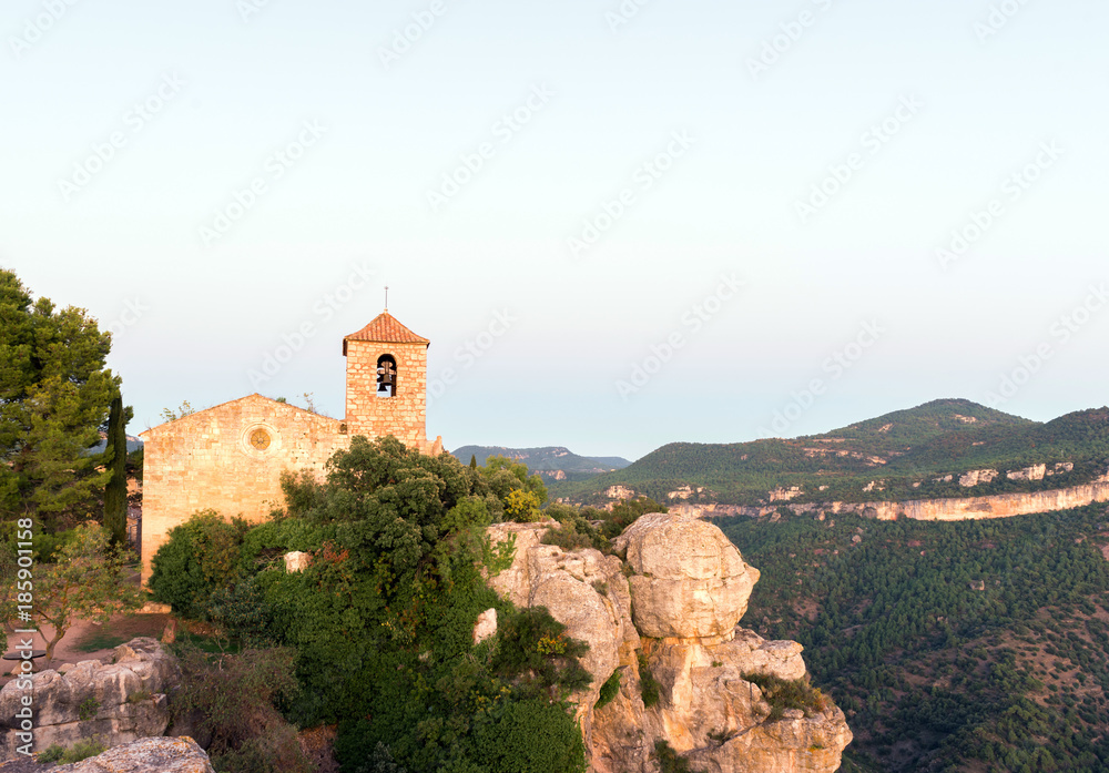 View of the Romanesque church of Santa Maria de Siurana, in Siurana, Tarragona, Spain. Copy space for text.
