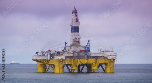 view of offshore drilling rig and vessel, Gulf of Mexico, petroleum industry