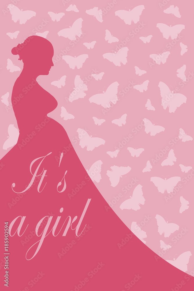 Card birth of a girl. Pregnant woman on a background with butterflies. Card birth of a girl. Pregnant woman on a background with butterflies.