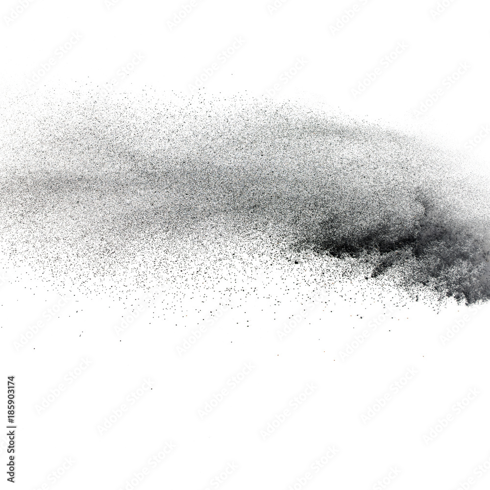 Black particles splatter on white background. Black dust splash on white background.