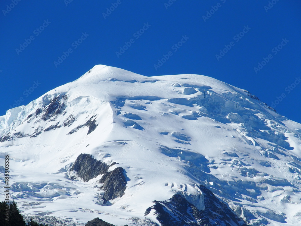 MONT BLANC peak of alpine mountains range landscape in beauty French ALPS seen from Aiguille du Midi at CHAMONIX