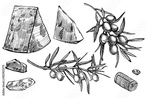 Vector set of vine products. Illustration in sketch style. Hand drawn design elements. Isolated on white background. Engraving style illustrations.