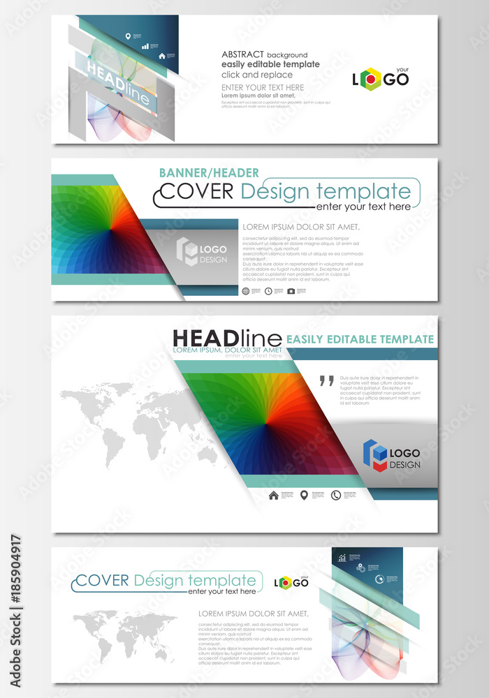 Social media and email headers set, modern banners. Business cover template, easy editable vector, flat layout in popular sizes. Colorful design background with abstract shapes, waves. Overlap effect.