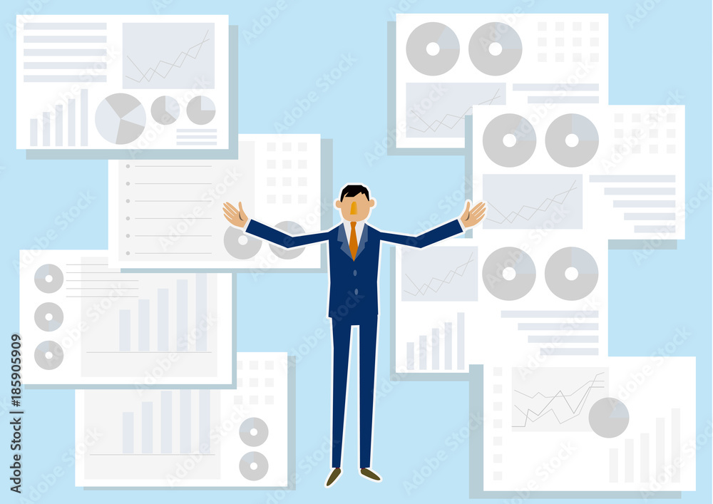 仮想現実とビジネスマンのクリップアート。ビッグデータを扱う近未来のイメージ。