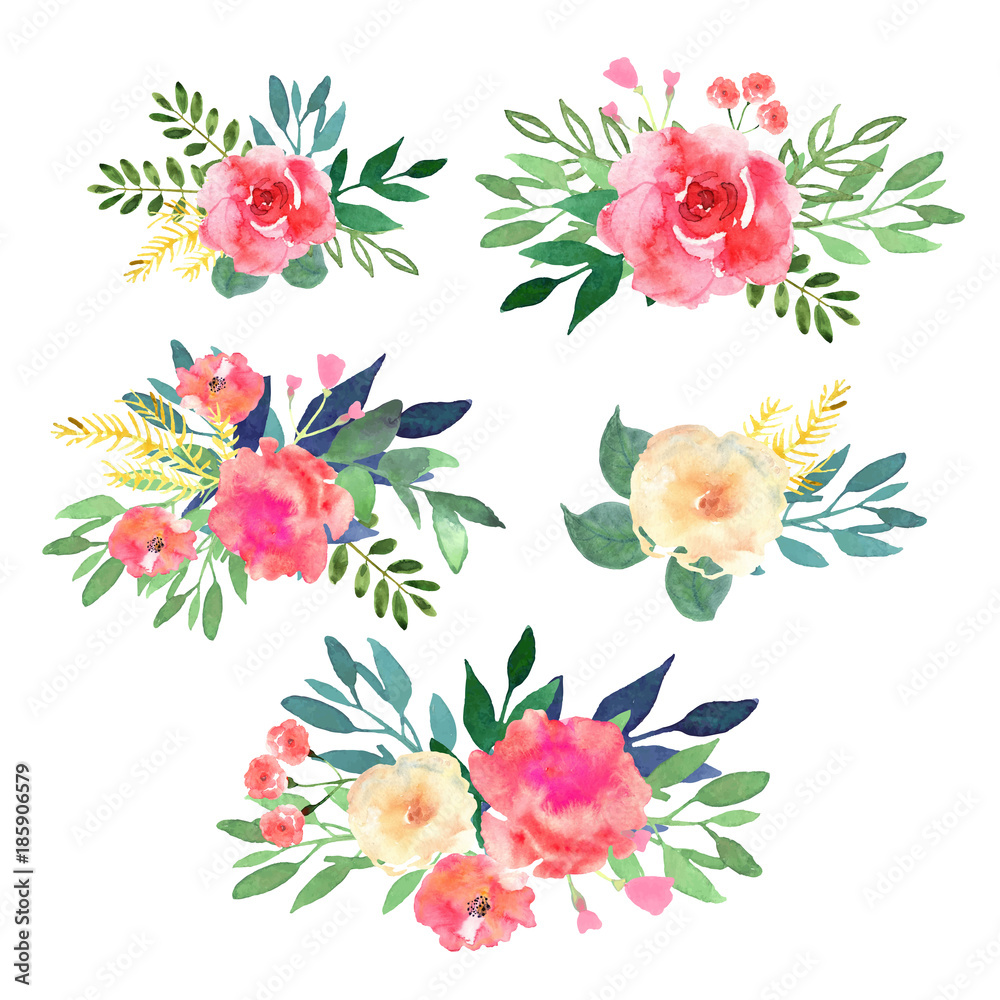 Floral set. Collection with flowers, drawing watercolor. Design 
