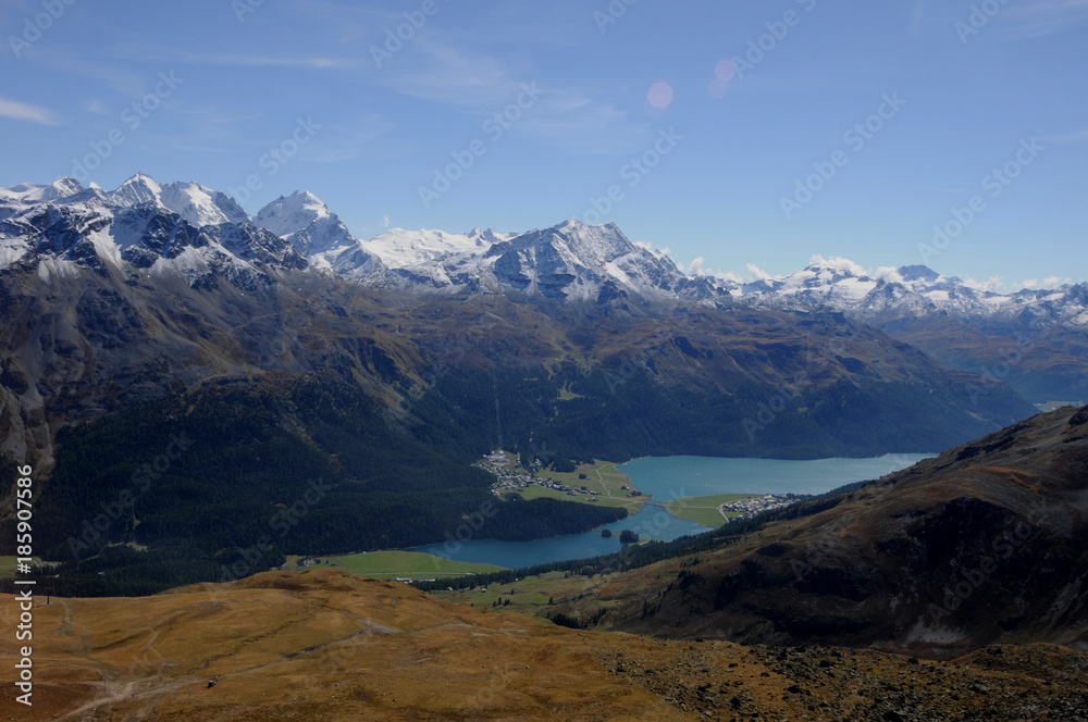 Swiss Alps: Mountain-Panorama with glacier lakes from Julier in the upper Engadin  | Gletscherseen und Bergpanorama vom Julier im Oberengadin