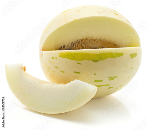 Sliced melon (Piel de Sapo, Honeydew) isolated on white background one cut open with a slice.